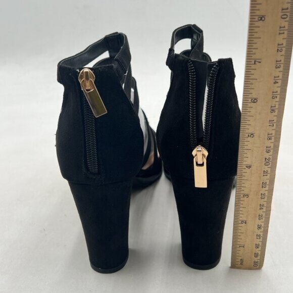 FSJ Black Chunky High Heel Sandals Open Toe T-Strap Cutout Back Zipper Shoes - Picture 5 of 8